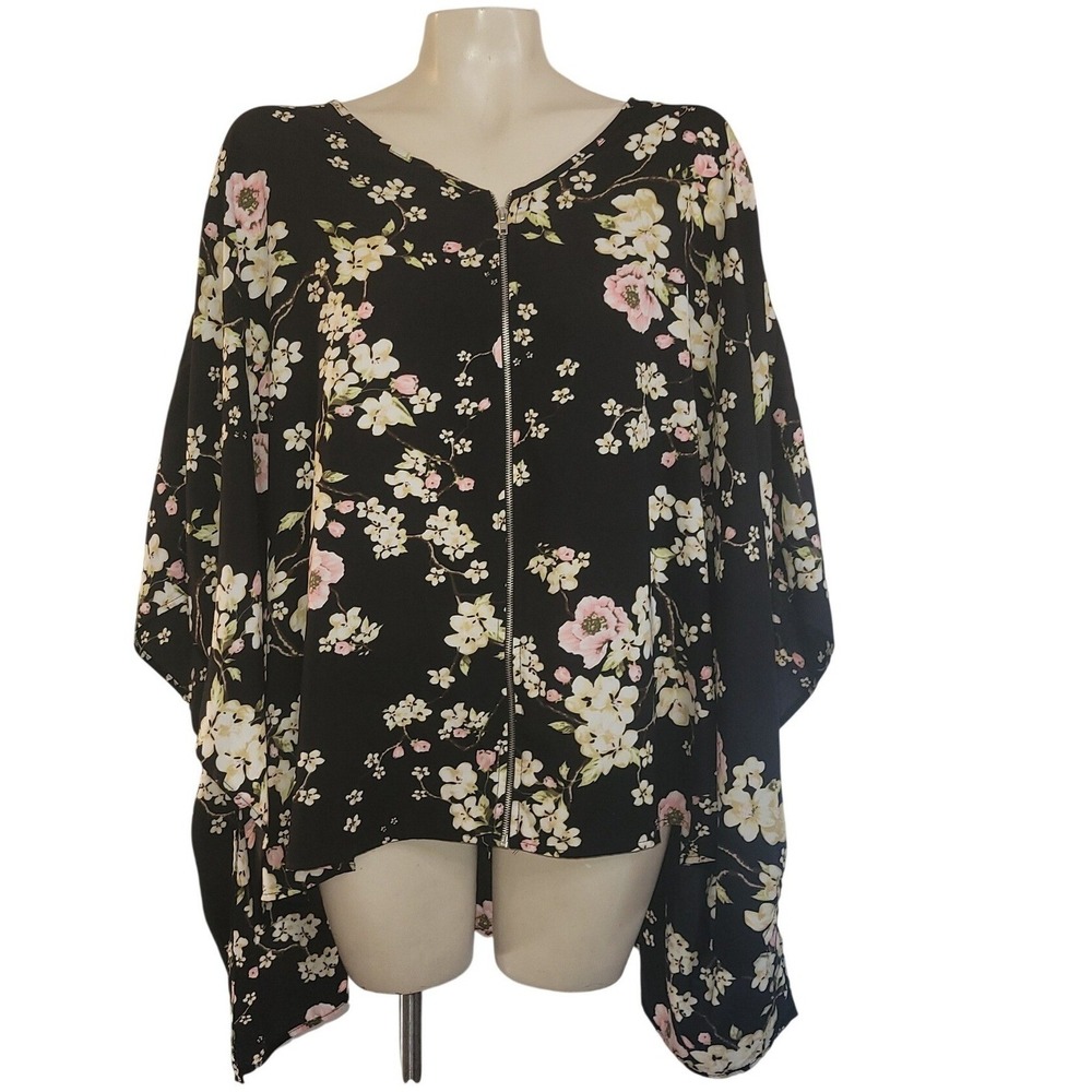 Torrid Womens Plus Size 1 Black Floral Zip Front Kimono Top Cherry Blossom
